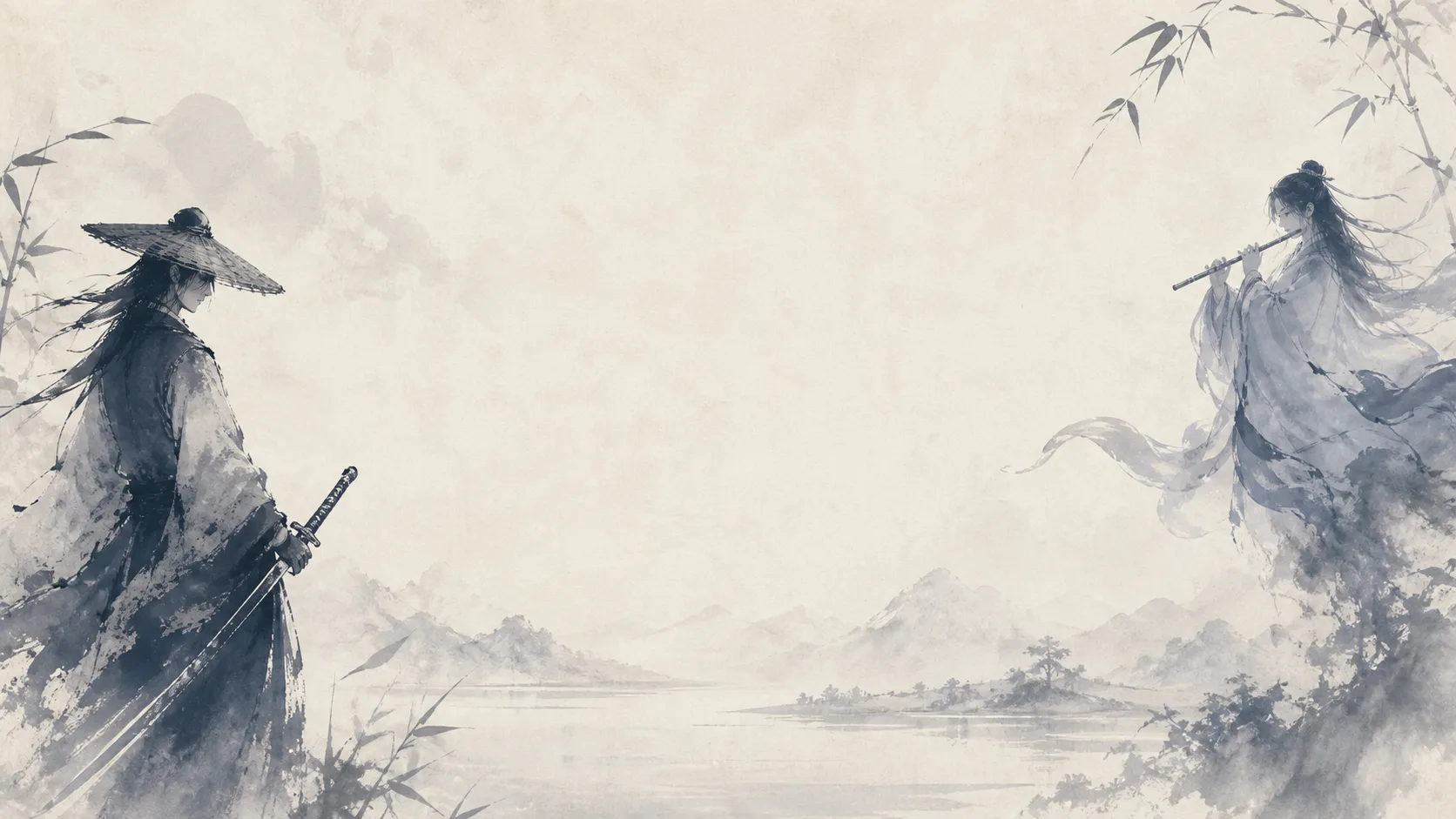 Ink landscape with two human figures at the sides and open paper-colored space at the centre
